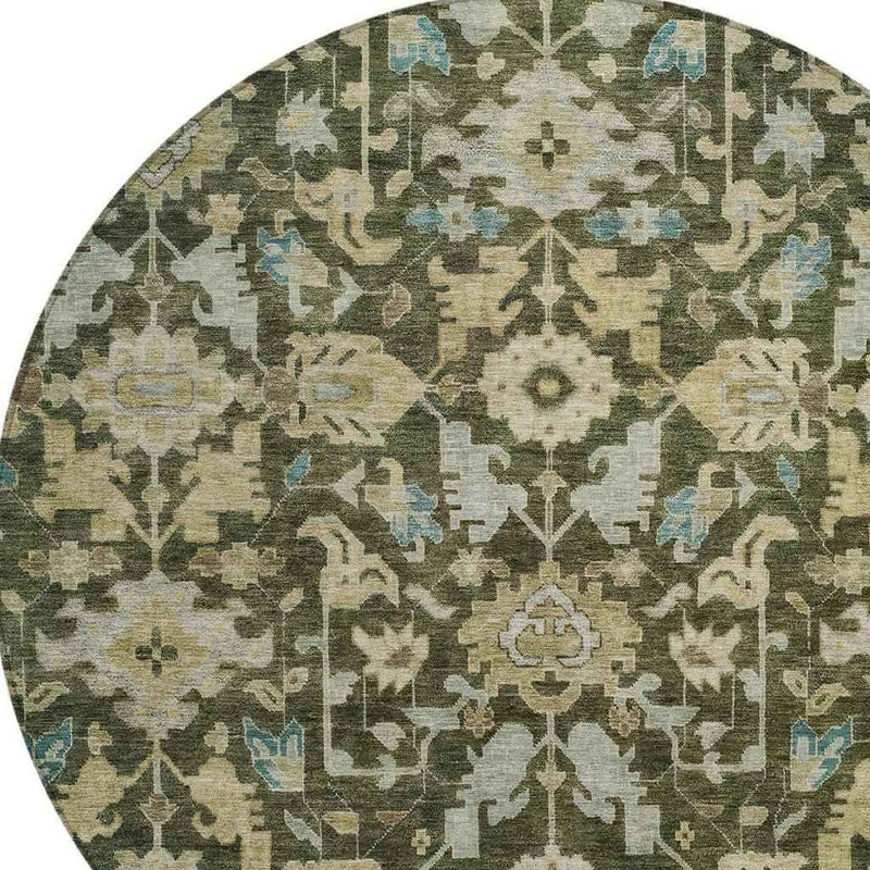 8' Olive Green Teal Blue And Gold Round Floral Washable Indoor Outdoor Area Rug