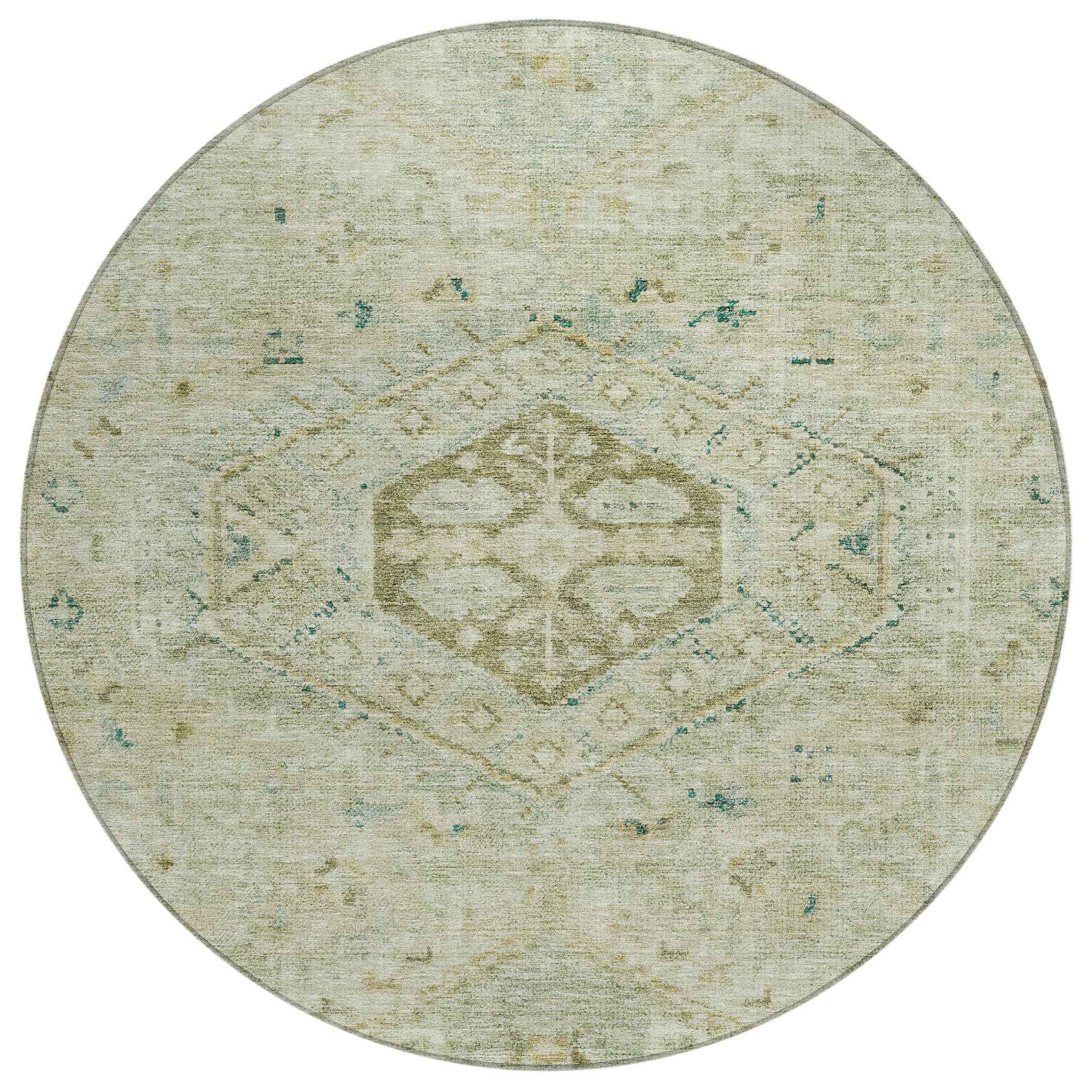 8' Sage And Gold Round Medallion Washable Indoor Outdoor Area Rug