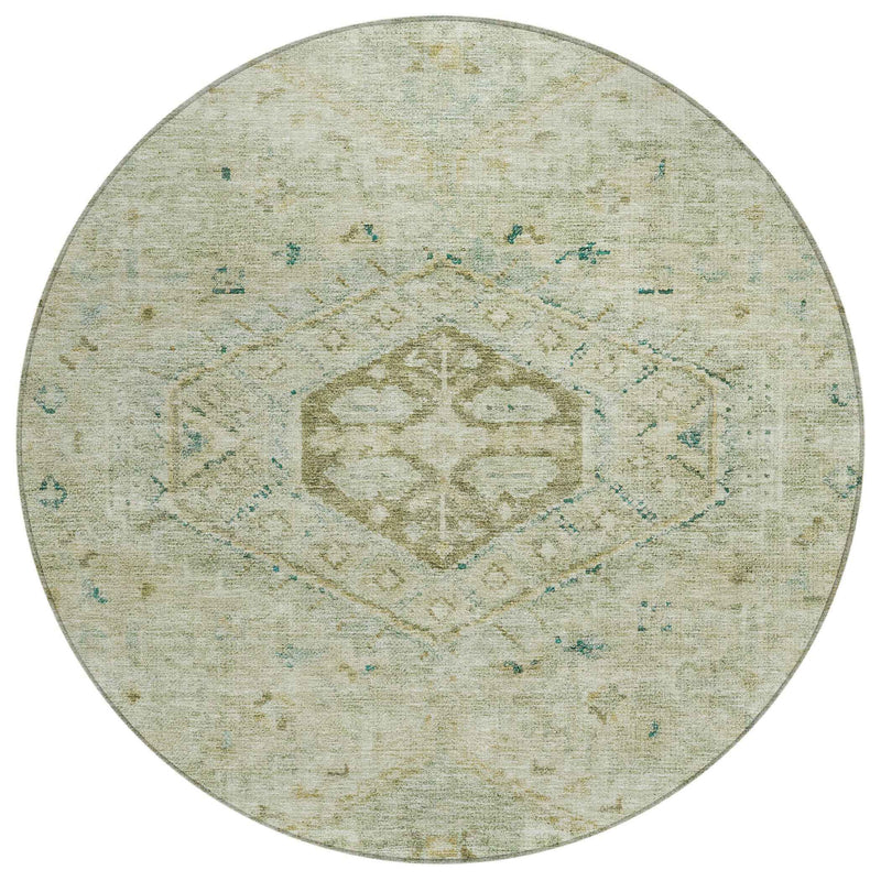 8' Sage And Gold Round Medallion Washable Indoor Outdoor Area Rug
