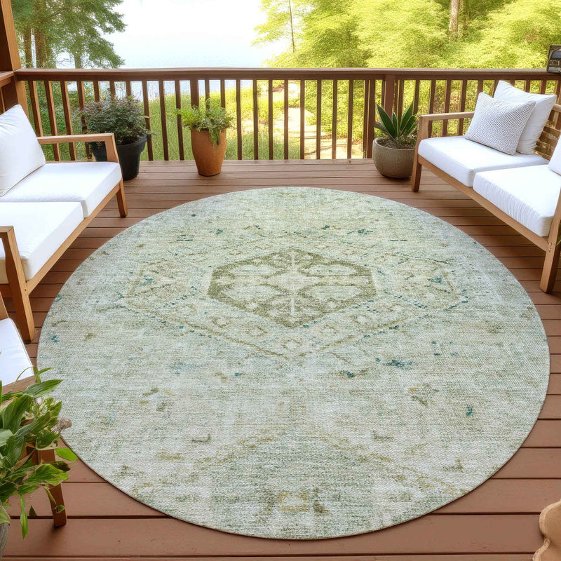 8' Sage And Gold Round Medallion Washable Indoor Outdoor Area Rug