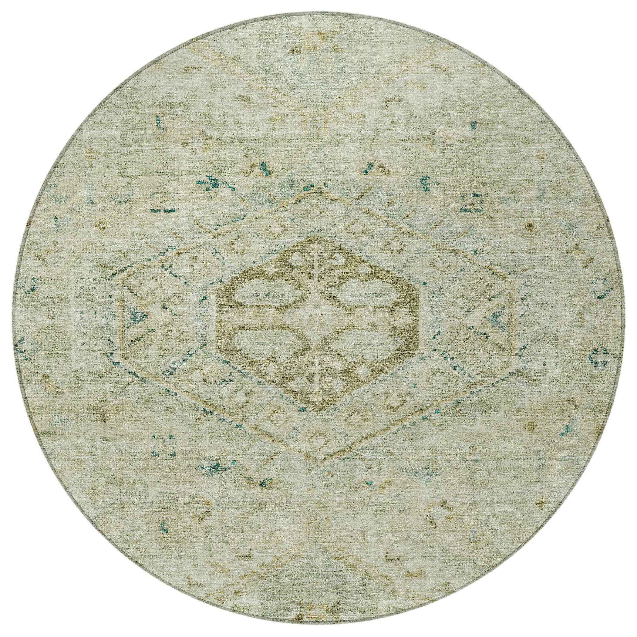 8' Sage And Gold Round Medallion Washable Indoor Outdoor Area Rug