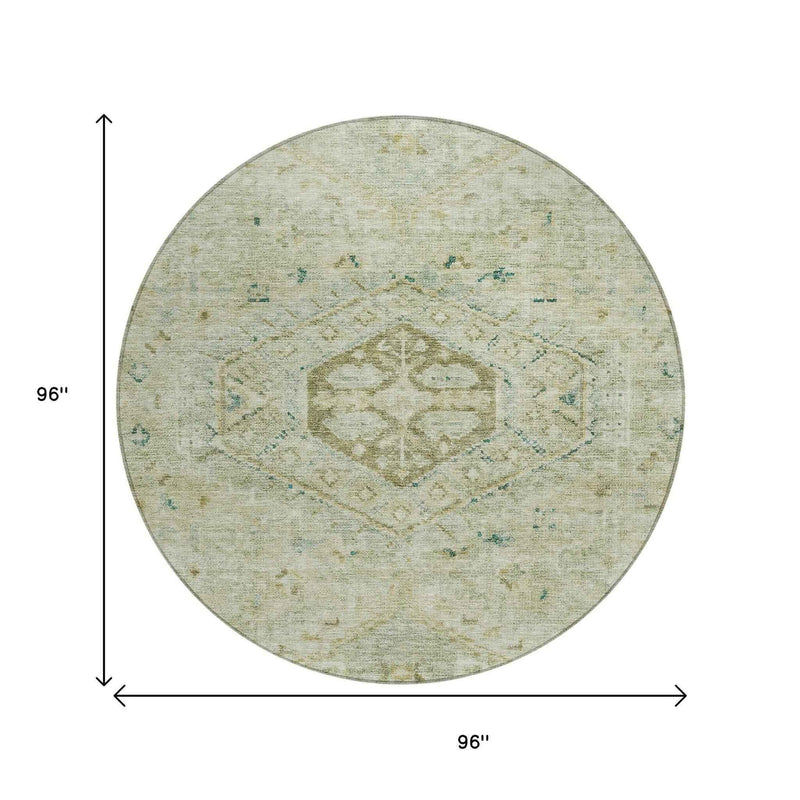 8' Sage And Gold Round Medallion Washable Indoor Outdoor Area Rug