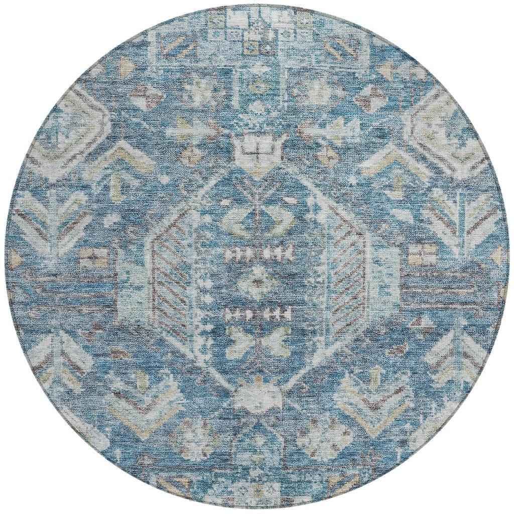 8' Denim Blue And Ivory Round Medallion Washable Indoor Outdoor Area Rug