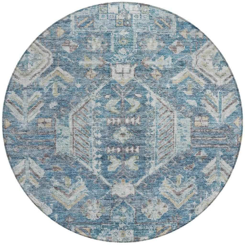 8' Denim Blue And Ivory Round Medallion Washable Indoor Outdoor Area Rug