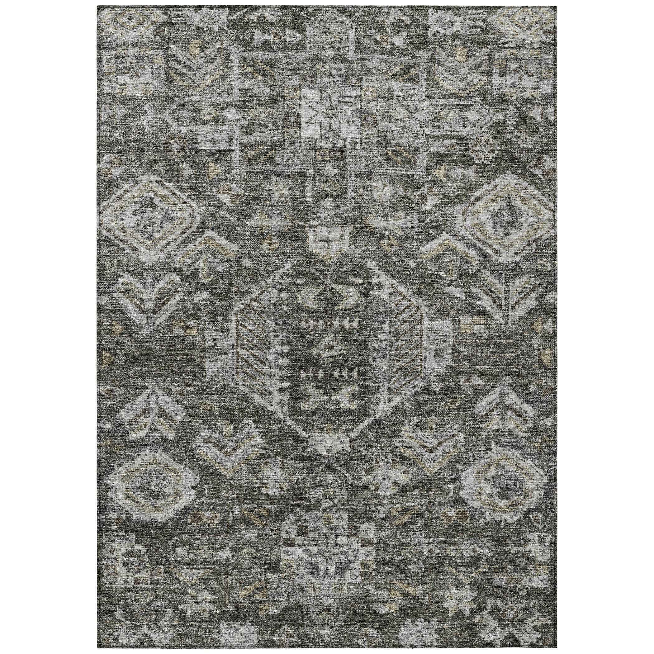 5' X 8' Pewter And Silver Medallion Washable Indoor Outdoor Area Rug