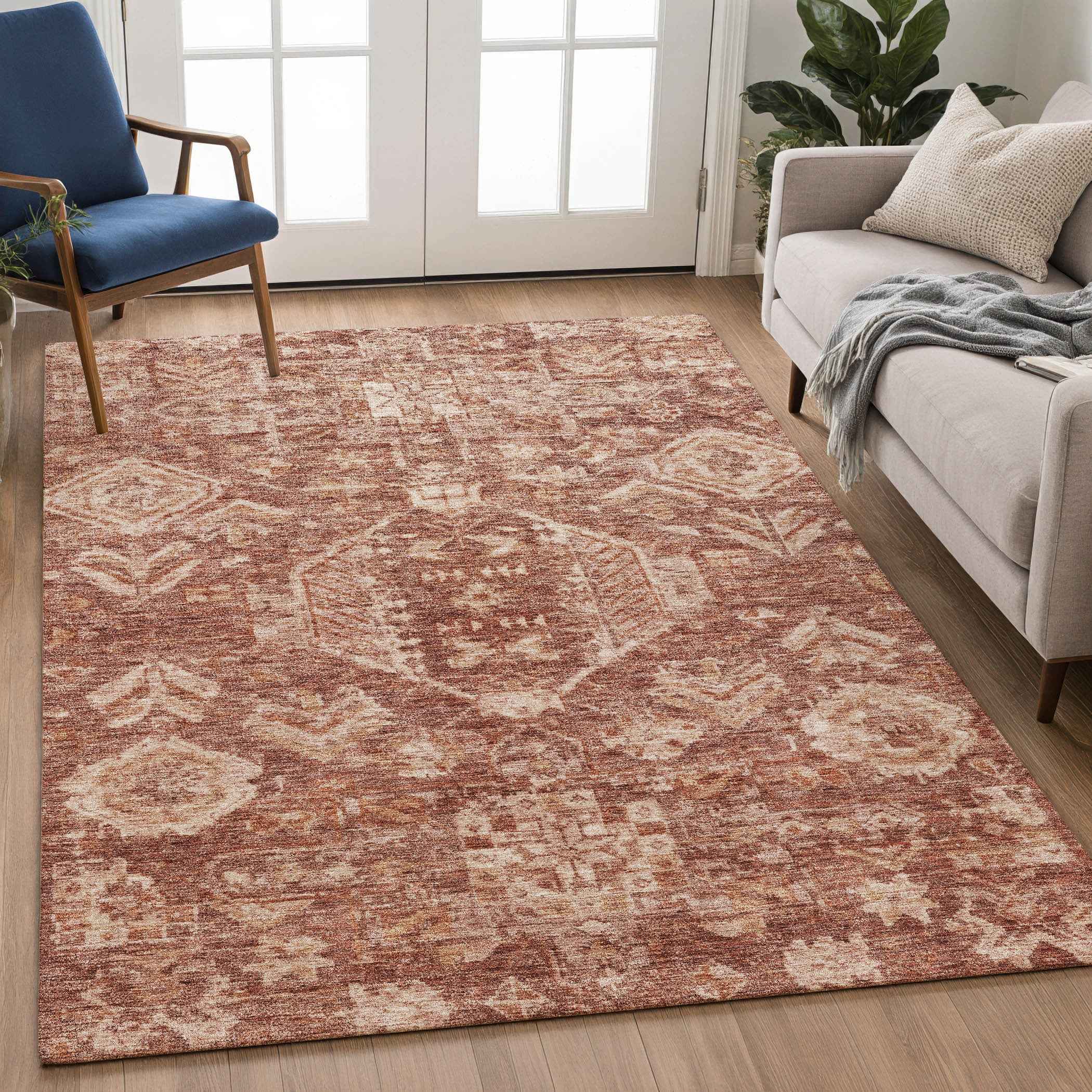 9' X 12' Rust And Beige Medallion Washable Indoor Outdoor Area Rug