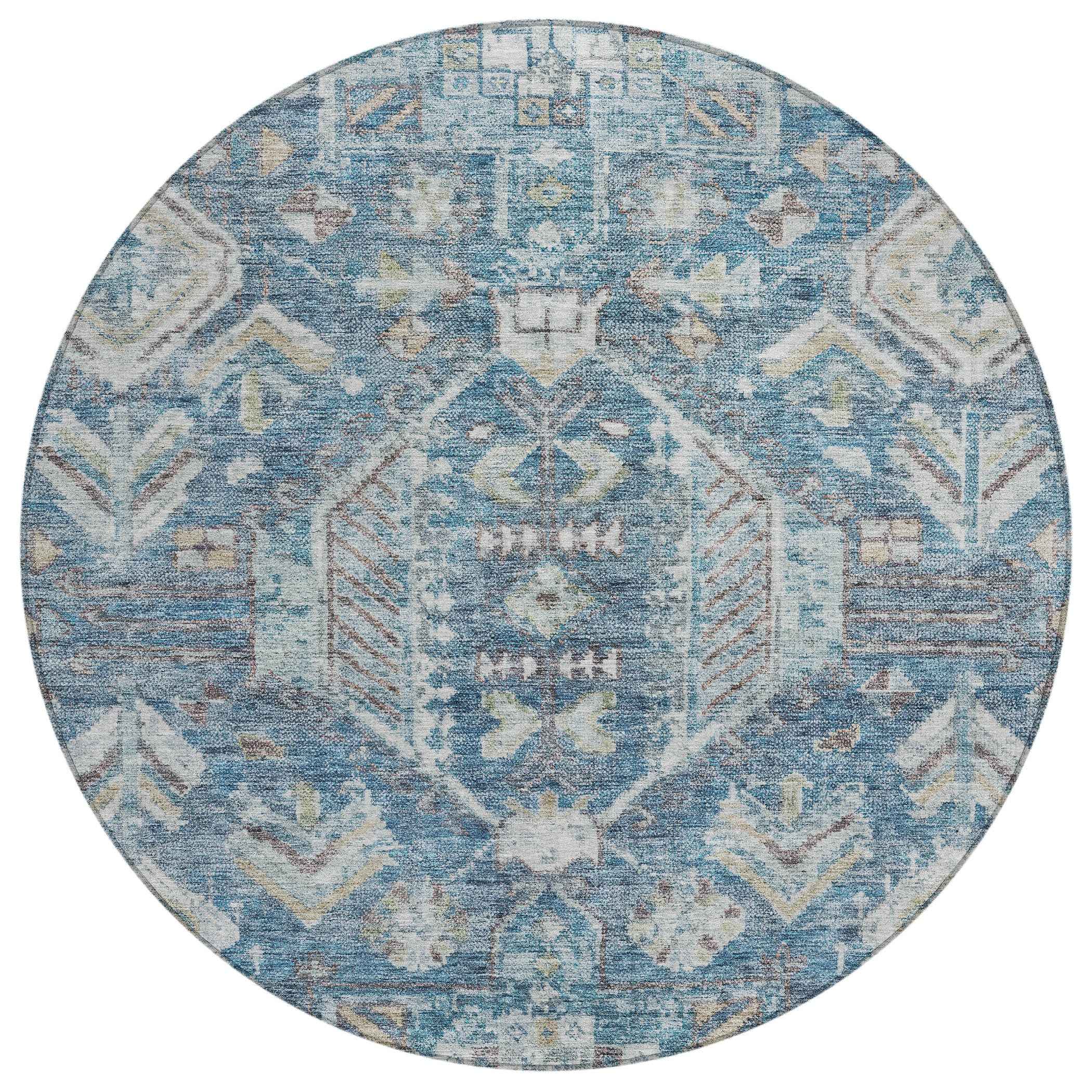 8' Denim Blue And Ivory Round Medallion Washable Indoor Outdoor Area Rug