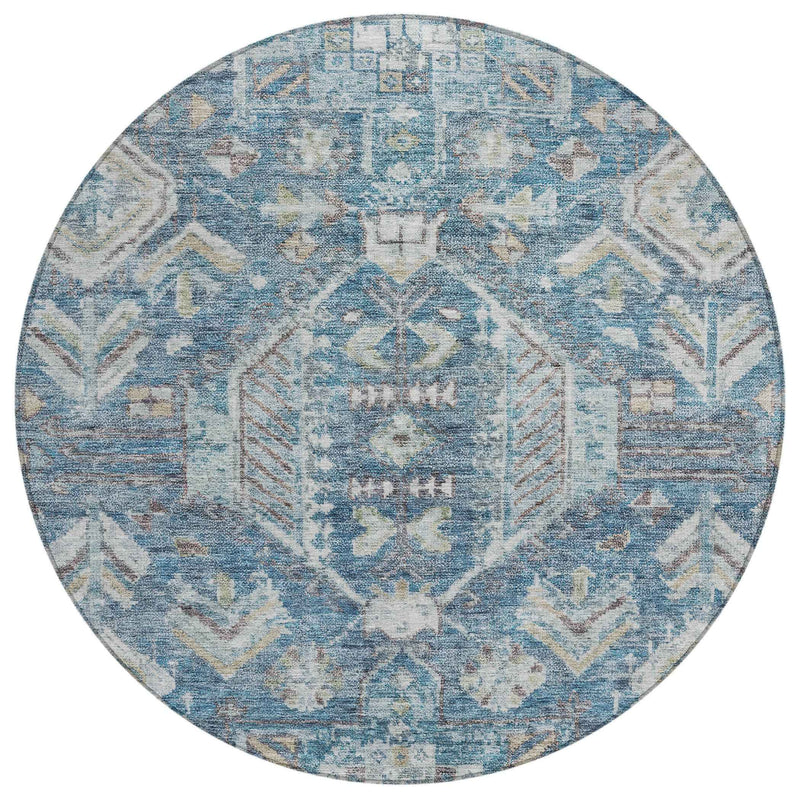 8' Denim Blue And Ivory Round Medallion Washable Indoor Outdoor Area Rug