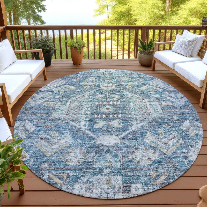 8' Denim Blue And Ivory Round Medallion Washable Indoor Outdoor Area Rug
