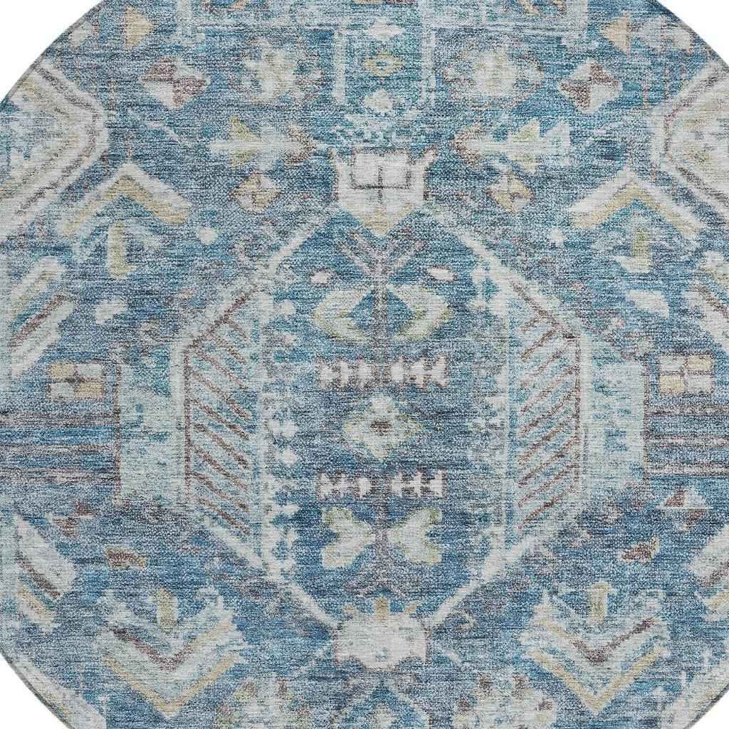 8' Denim Blue And Ivory Round Medallion Washable Indoor Outdoor Area Rug