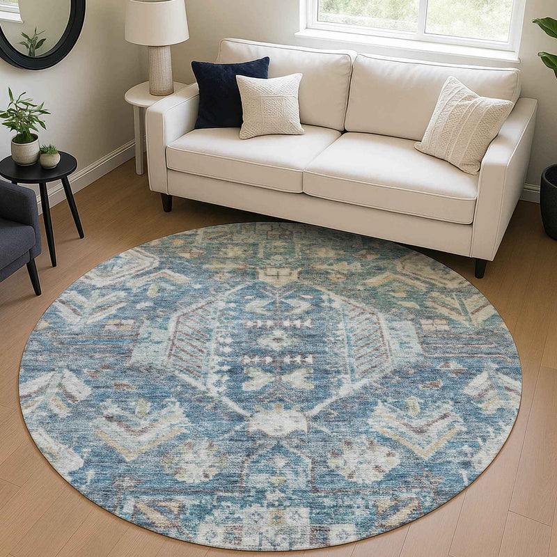 8' Denim Blue And Ivory Round Medallion Washable Indoor Outdoor Area Rug