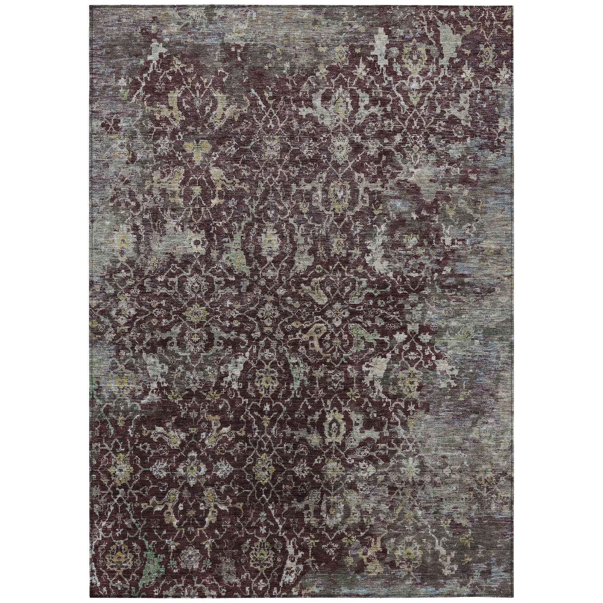 8' X 10' Burgundy And Gray Damask Washable Indoor Outdoor Area Rug