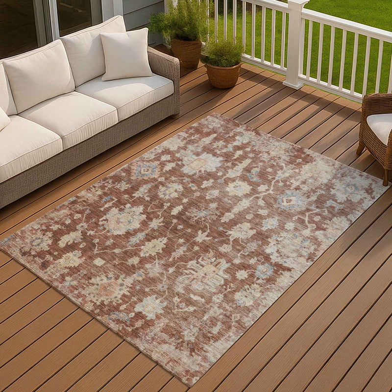 8' X 10' Rust Beige And Blue Floral Washable Indoor Outdoor Area Rug