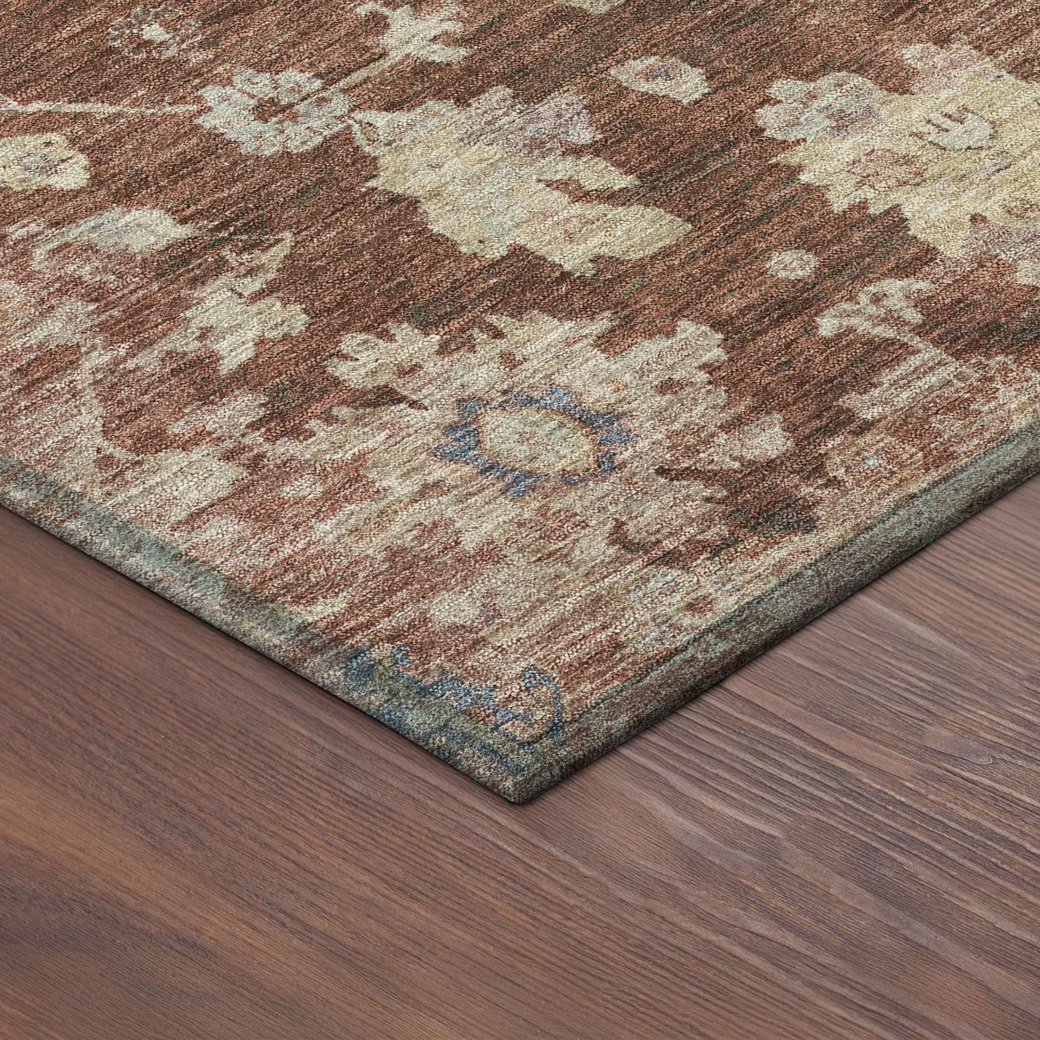 8' X 10' Rust Beige And Blue Floral Washable Indoor Outdoor Area Rug