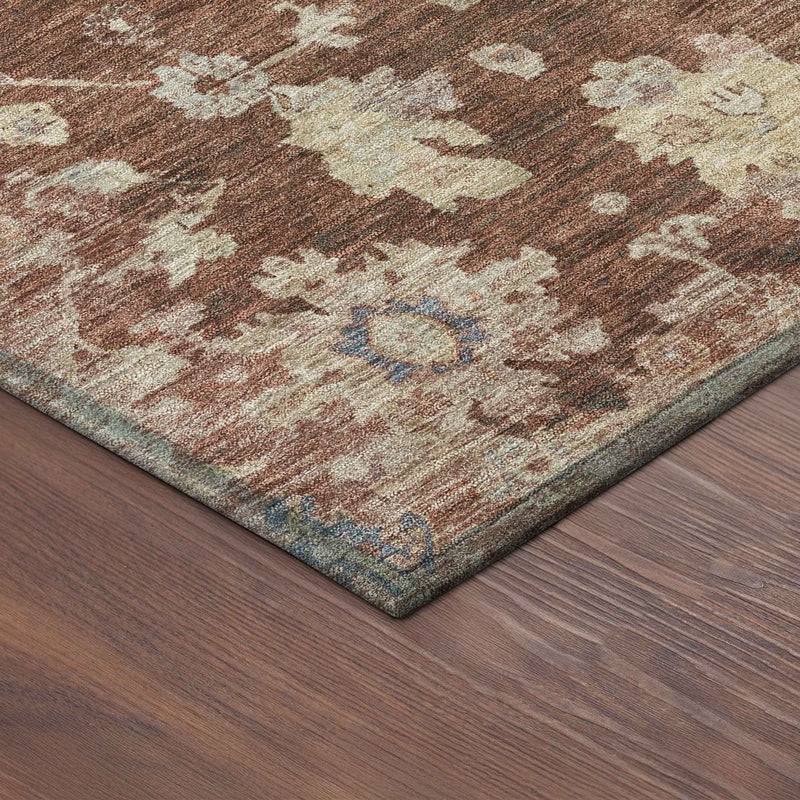 8' X 10' Rust Beige And Blue Floral Washable Indoor Outdoor Area Rug