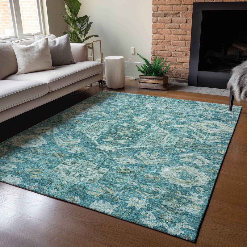 8' X 10' Turquoise And Teal Blue Medallion Washable Indoor Outdoor Area Rug