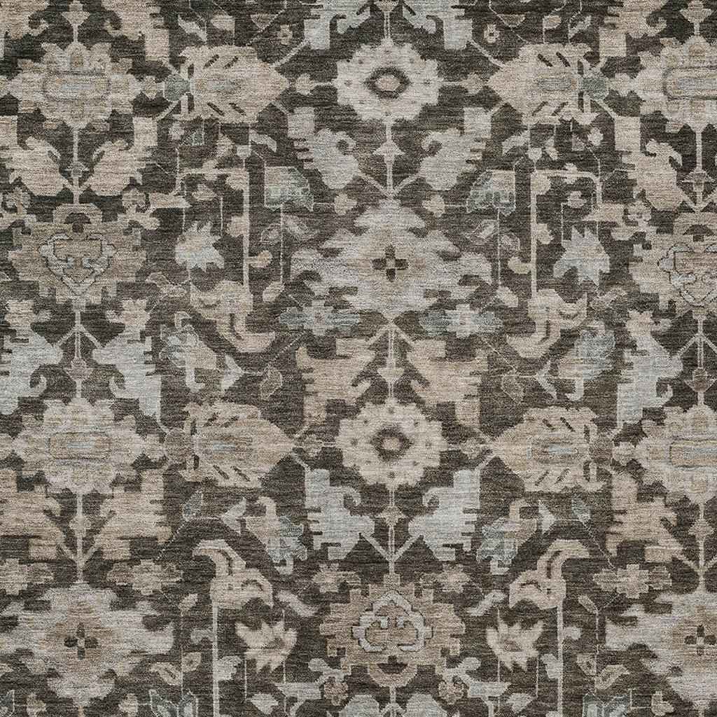 8' X 10' Chocolate And Gray Floral Washable Indoor Outdoor Area Rug