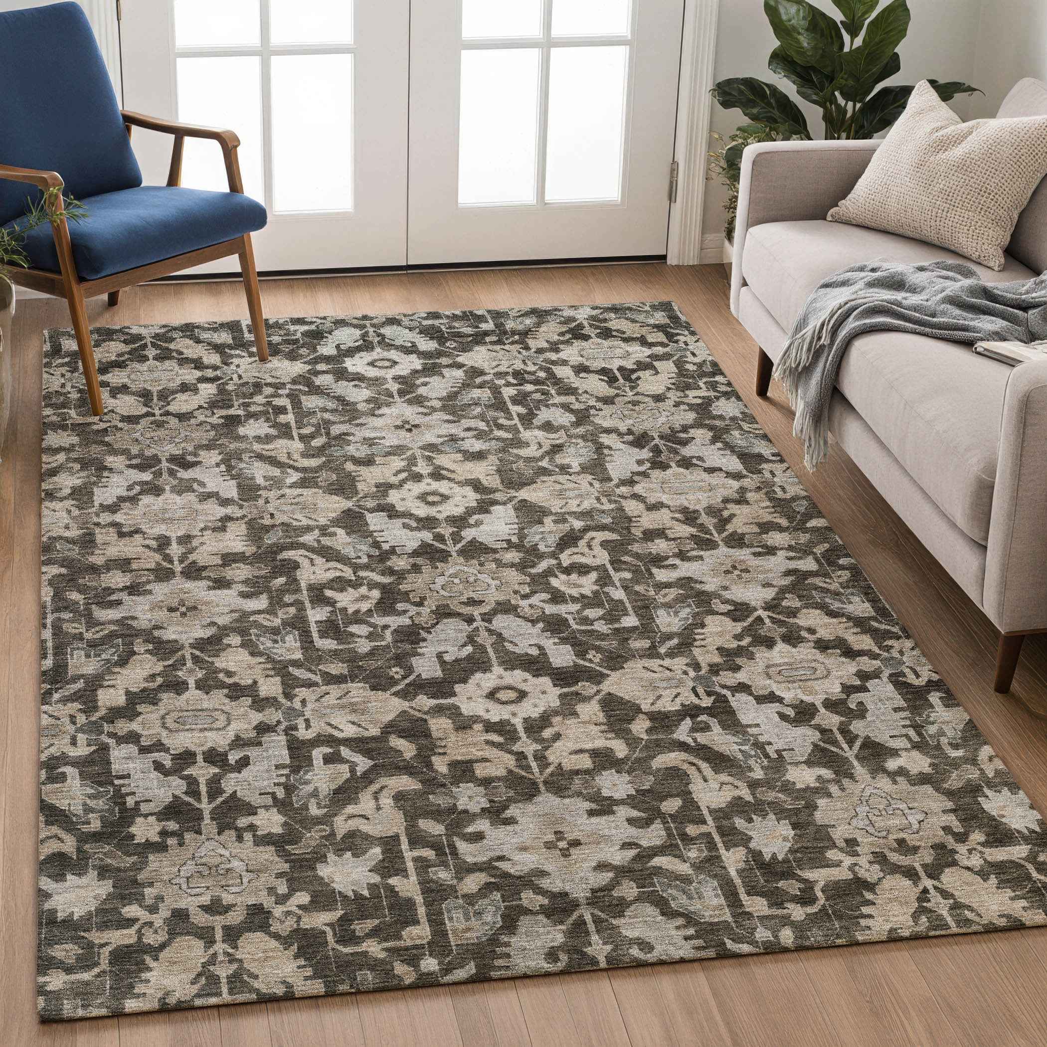 8' X 10' Chocolate And Gray Floral Washable Indoor Outdoor Area Rug