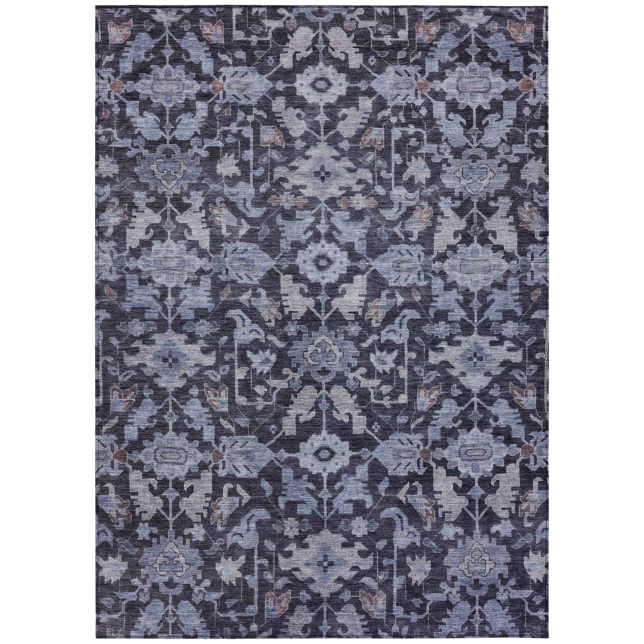 8' X 10' Navy Blue And Plum Floral Washable Indoor Outdoor Area Rug