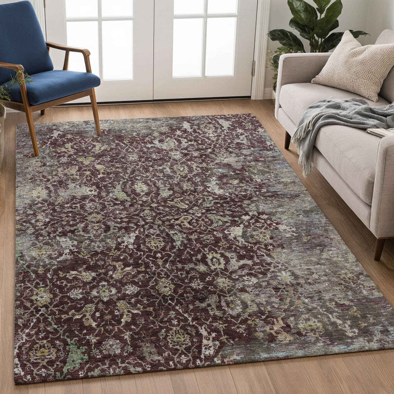 3' X 5' Burgundy And Gray Damask Washable Indoor Outdoor Area Rug