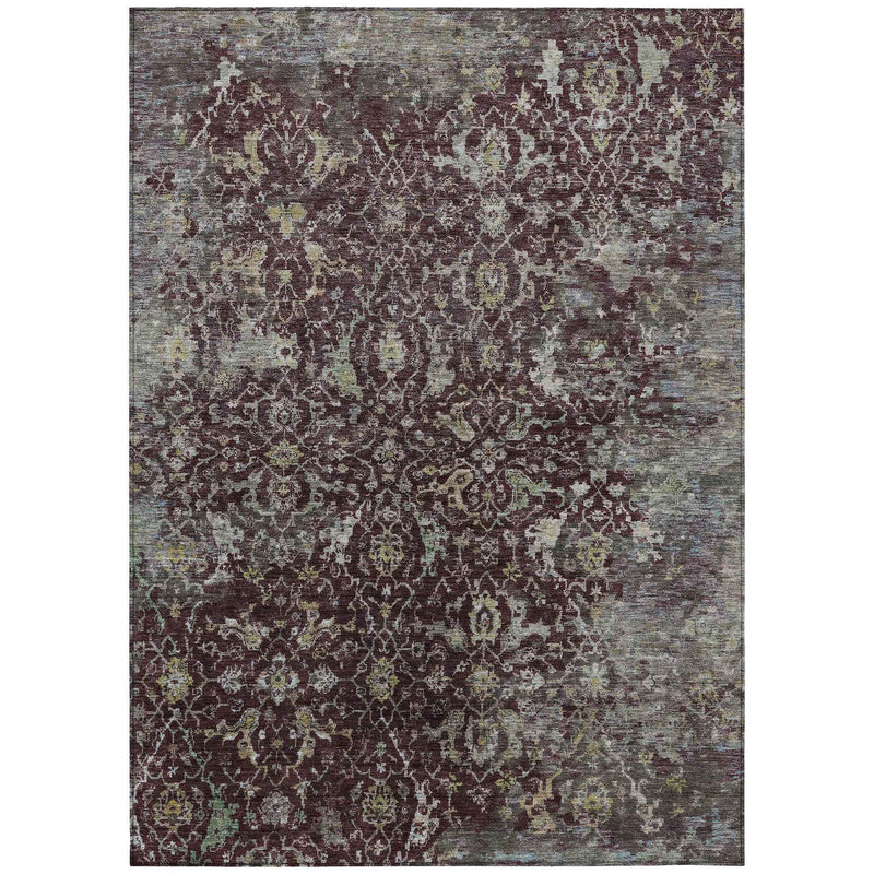 3' X 5' Burgundy And Gray Damask Washable Indoor Outdoor Area Rug