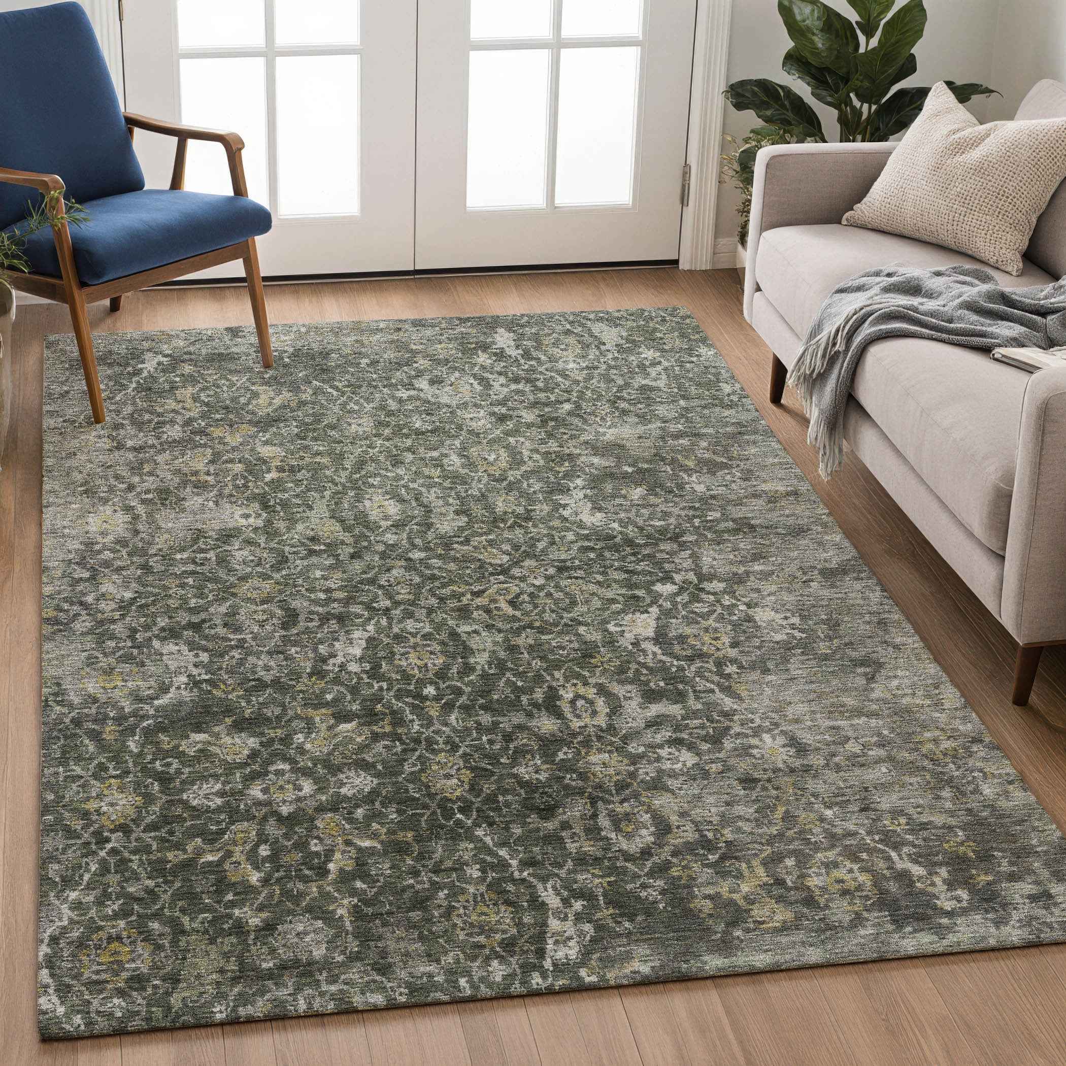 5' X 8' Pewter And Gray Damask Washable Indoor Outdoor Area Rug
