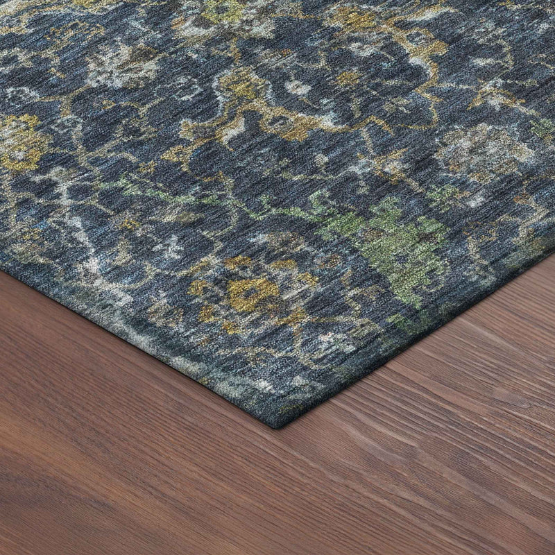 3' X 5' Navy Blue And Gray Damask Washable Indoor Outdoor Area Rug