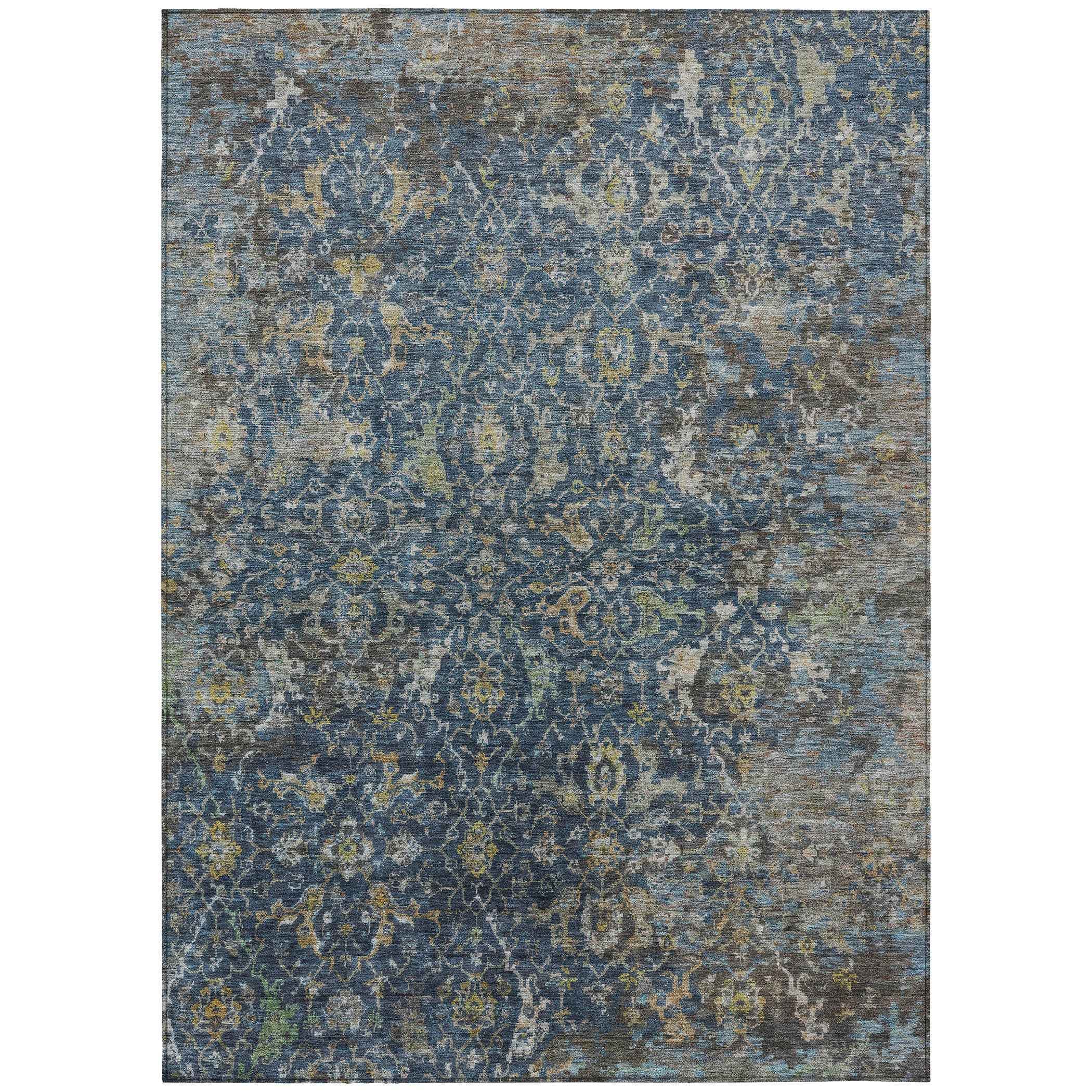 3' X 5' Navy Blue And Gray Damask Washable Indoor Outdoor Area Rug