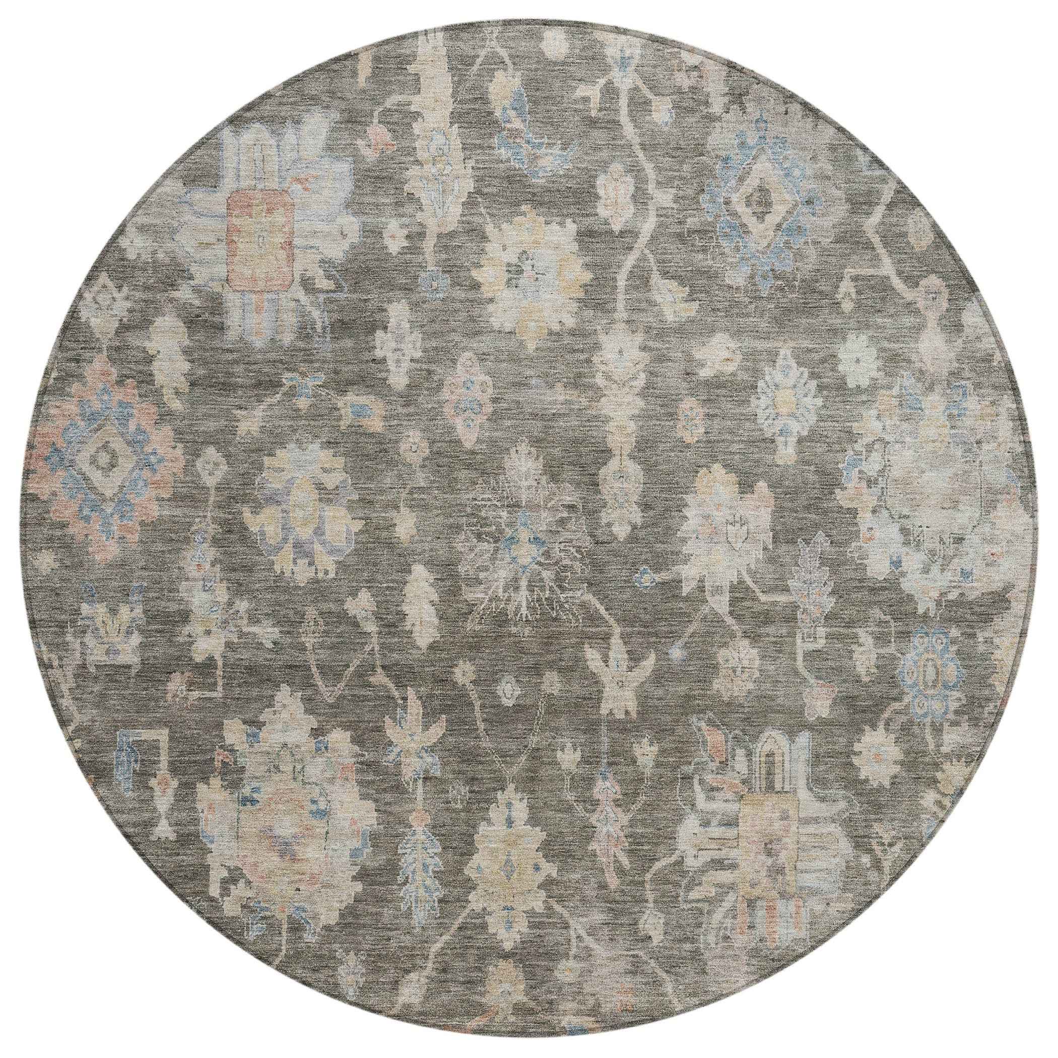 8' Gray Beige And Blue Round Floral Washable Indoor Outdoor Area Rug