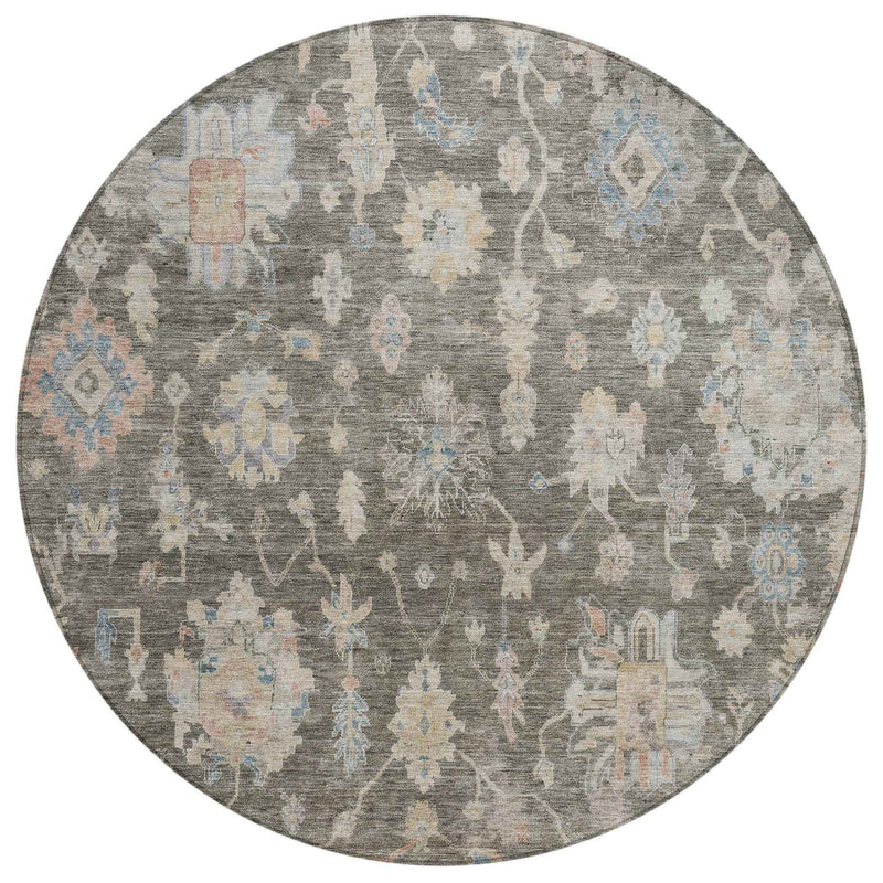8' Gray Beige And Blue Round Floral Washable Indoor Outdoor Area Rug