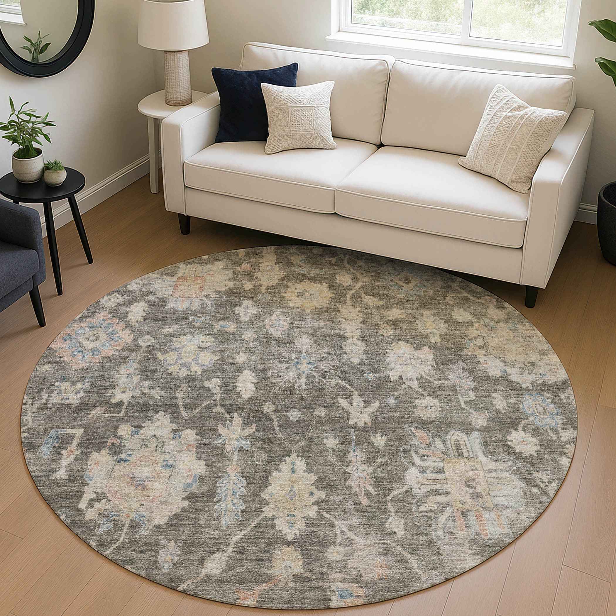 8' Gray Beige And Blue Round Floral Washable Indoor Outdoor Area Rug