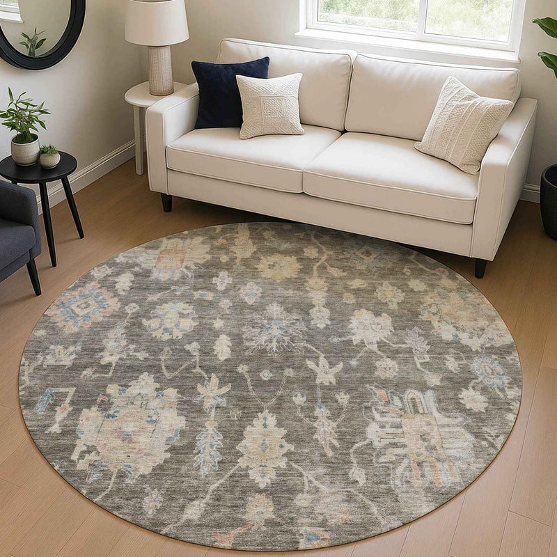8' Gray Beige And Blue Round Floral Washable Indoor Outdoor Area Rug