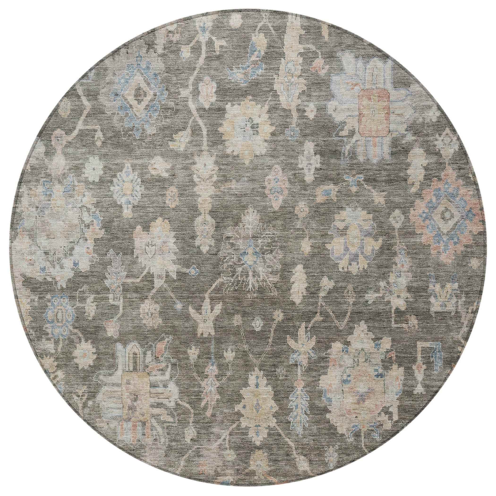 8' Gray Beige And Blue Round Floral Washable Indoor Outdoor Area Rug