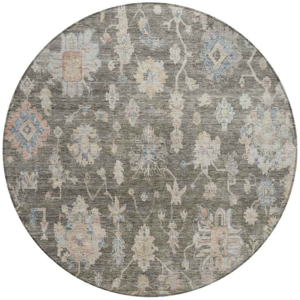 8' Gray Beige And Blue Round Floral Washable Indoor Outdoor Area Rug