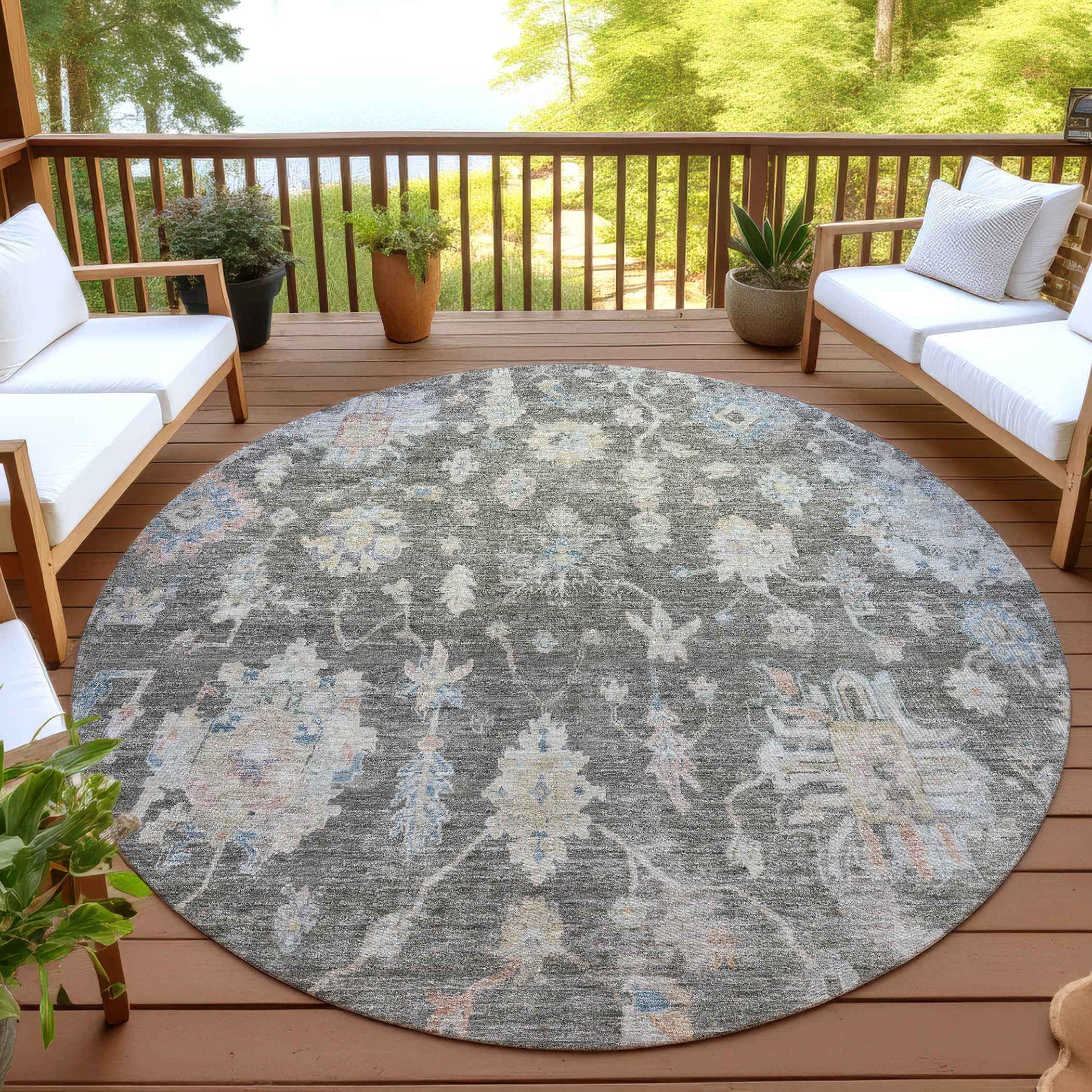 8' Gray Beige And Blue Round Floral Washable Indoor Outdoor Area Rug