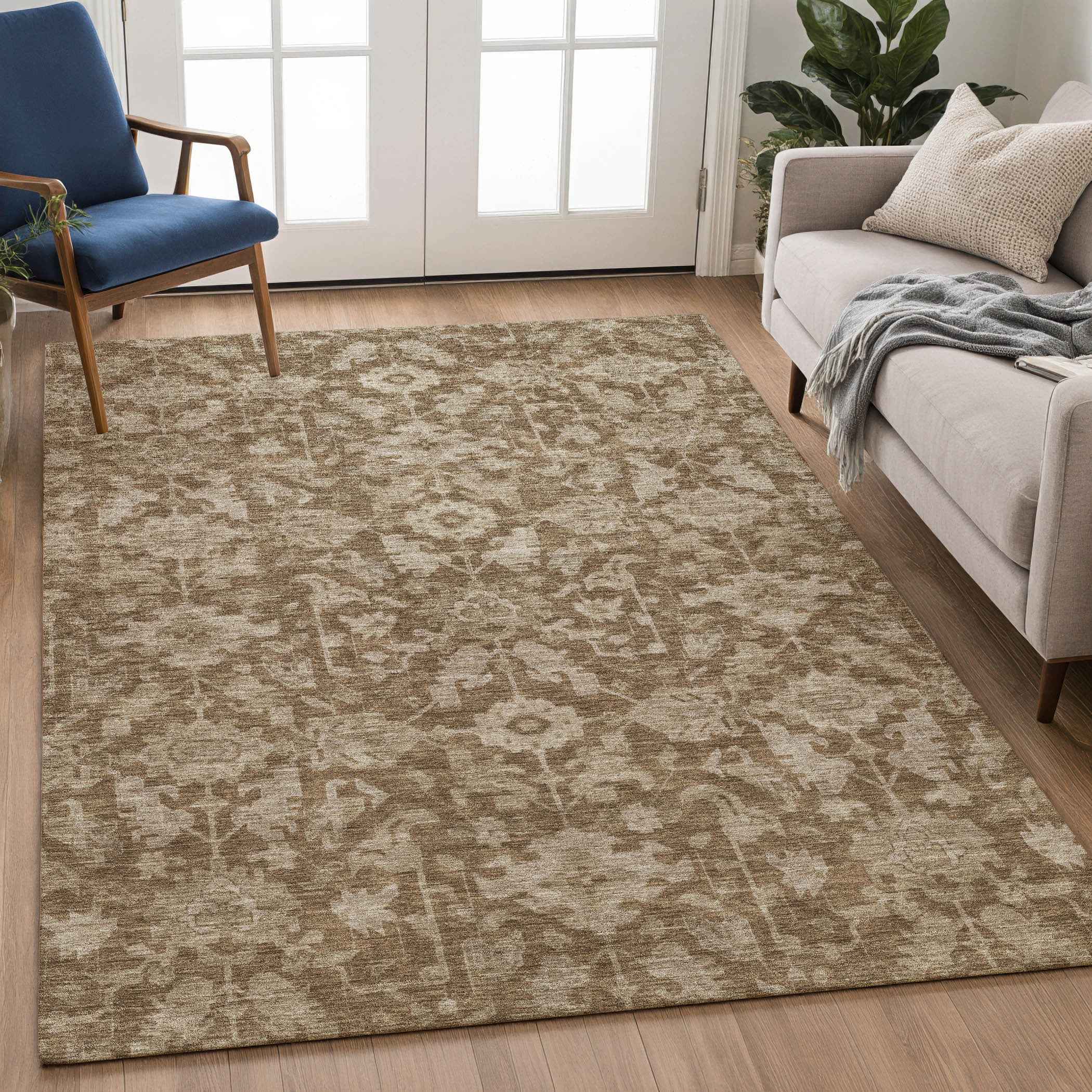 9' X 12' Brown And Beige Floral Washable Indoor Outdoor Area Rug