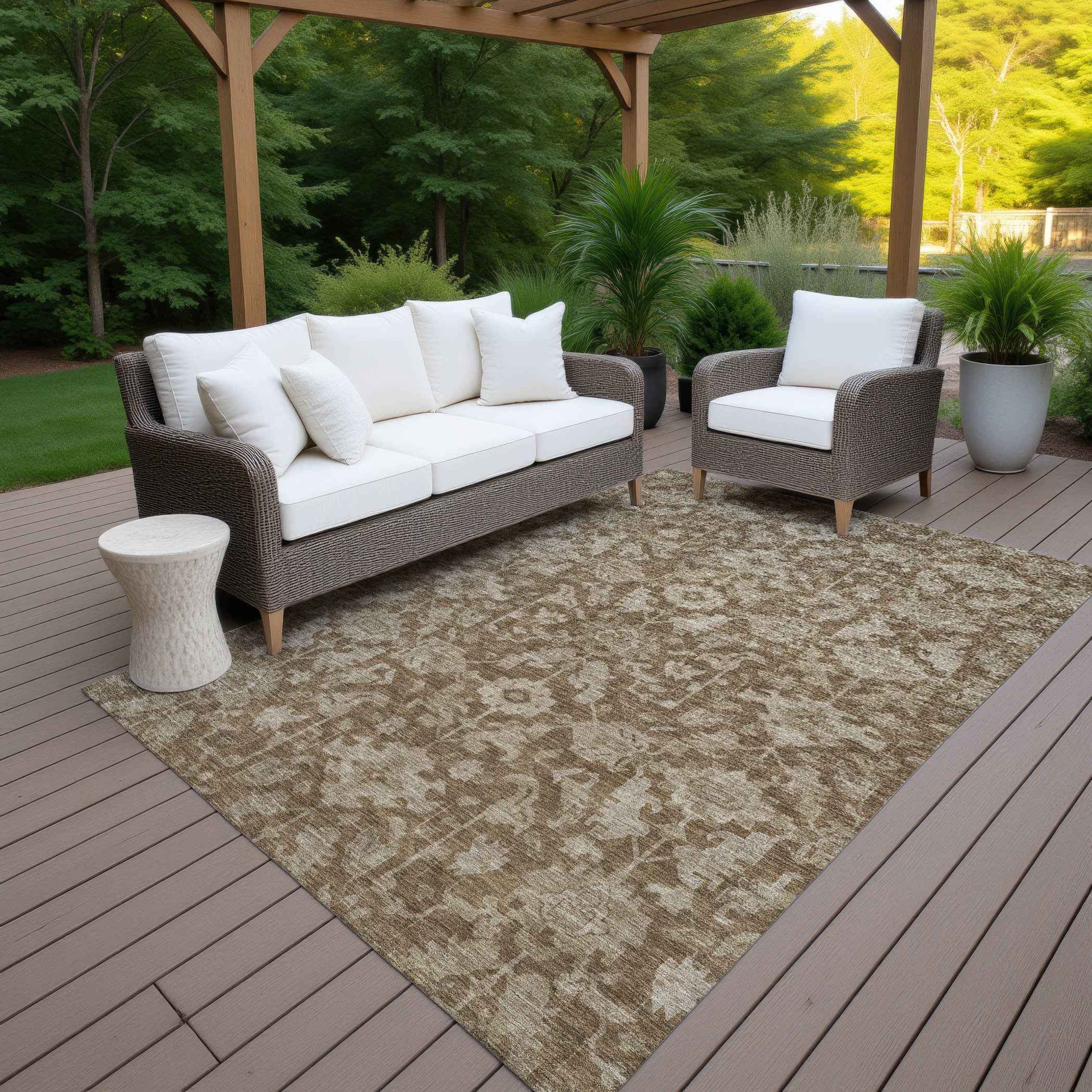 9' X 12' Brown And Beige Floral Washable Indoor Outdoor Area Rug