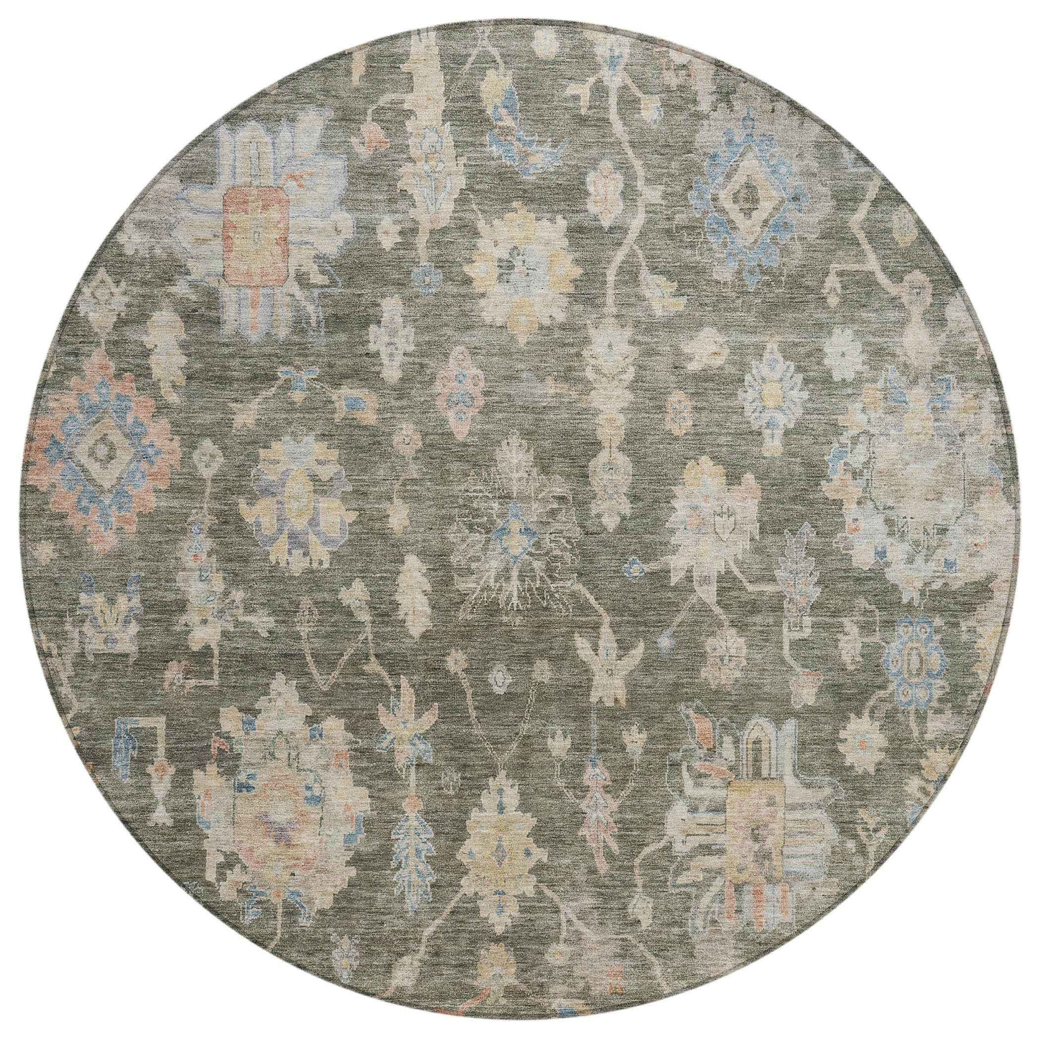 8' Fern Green Beige And Blue Round Floral Washable Indoor Outdoor Area Rug