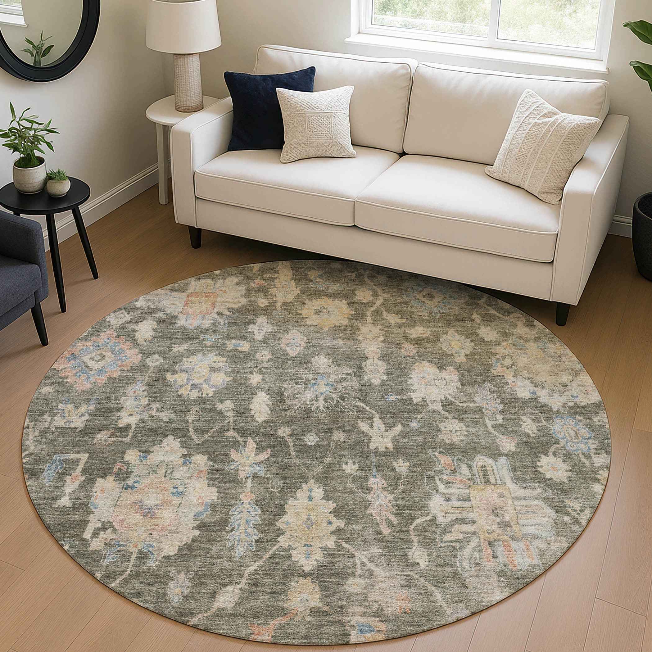 8' Fern Green Beige And Blue Round Floral Washable Indoor Outdoor Area Rug