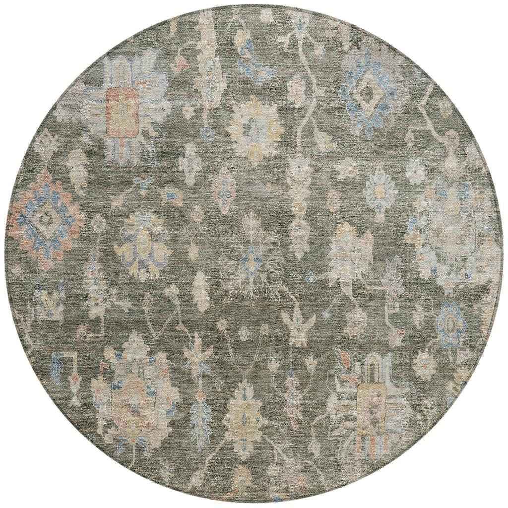 8' Fern Green Beige And Blue Round Floral Washable Indoor Outdoor Area Rug