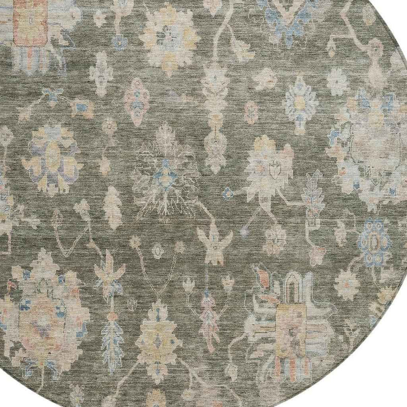 8' Fern Green Beige And Blue Round Floral Washable Indoor Outdoor Area Rug