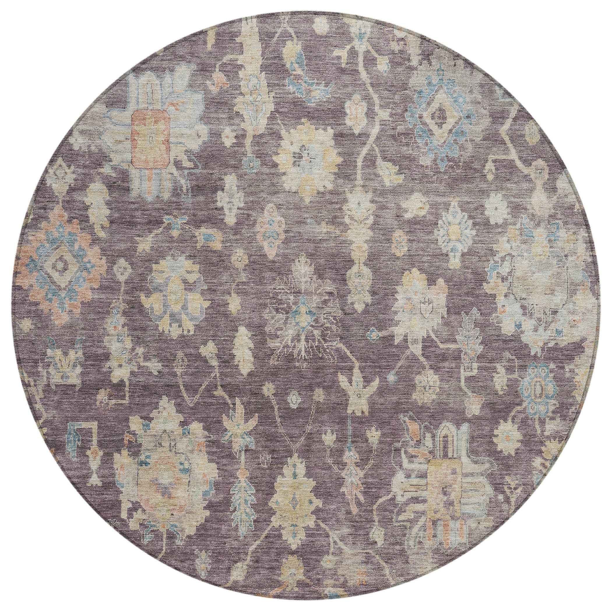 8' Eggplant Beige And Blue Round Floral Washable Indoor Outdoor Area Rug