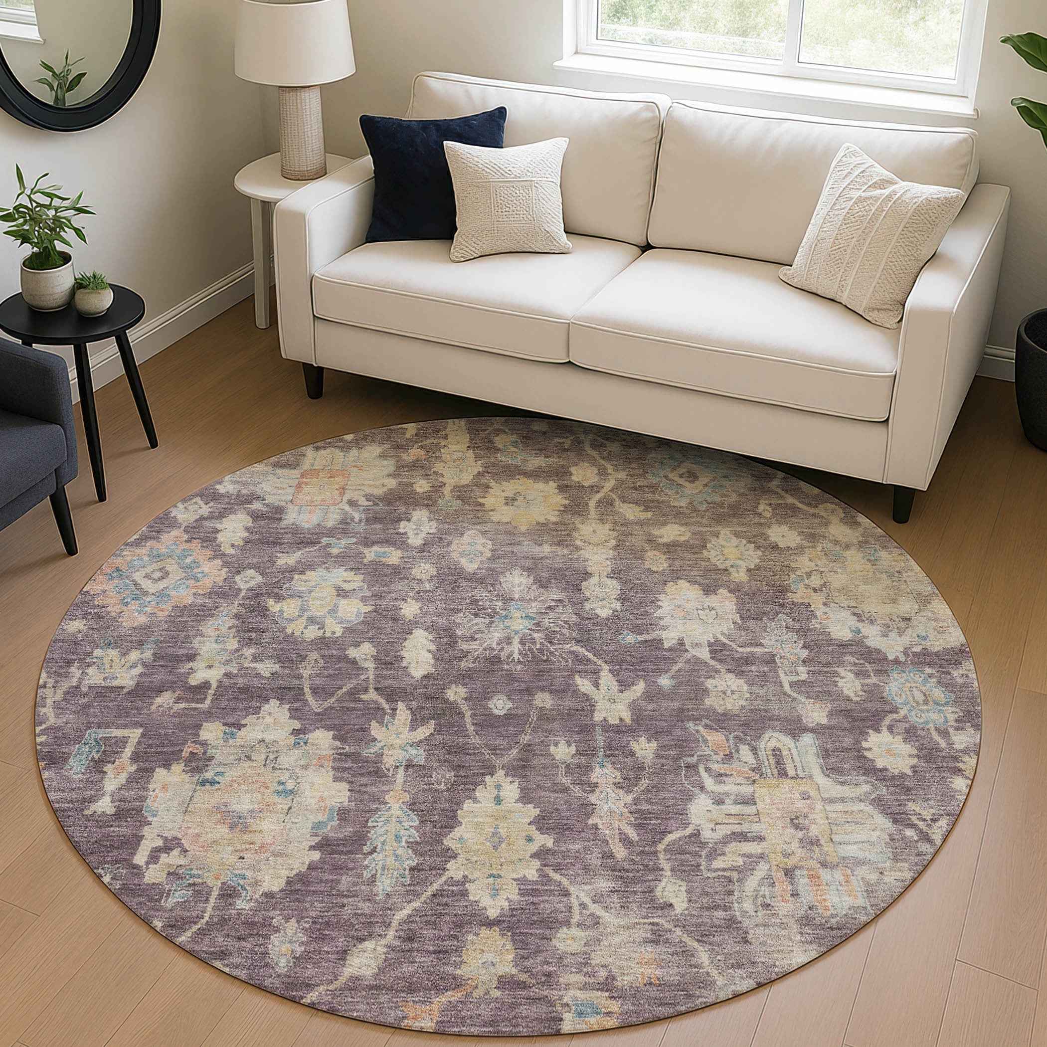 8' Eggplant Beige And Blue Round Floral Washable Indoor Outdoor Area Rug
