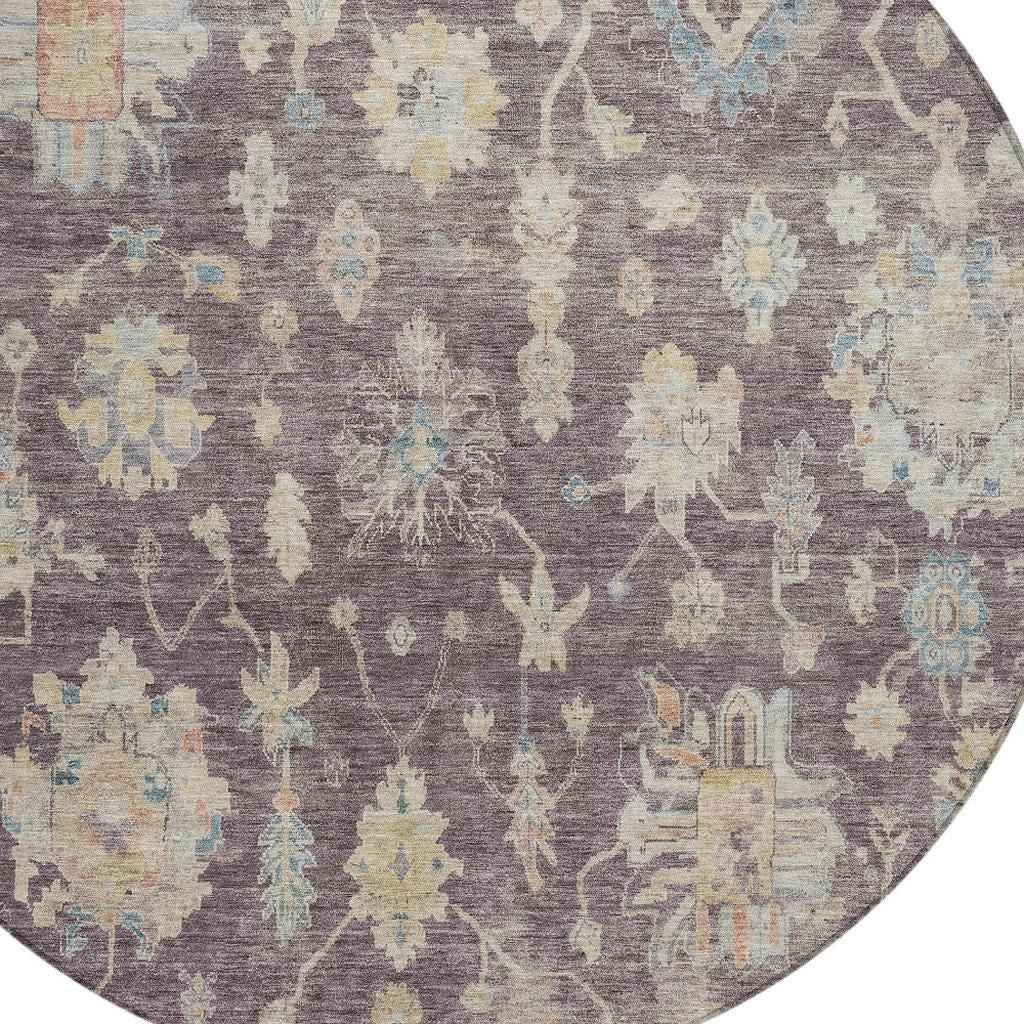 8' Eggplant Beige And Blue Round Floral Washable Indoor Outdoor Area Rug