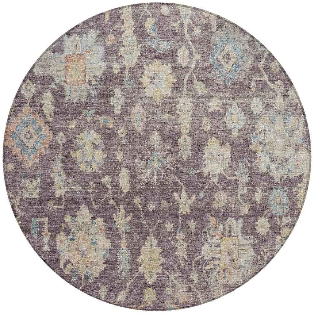 8' Eggplant Beige And Blue Round Floral Washable Indoor Outdoor Area Rug