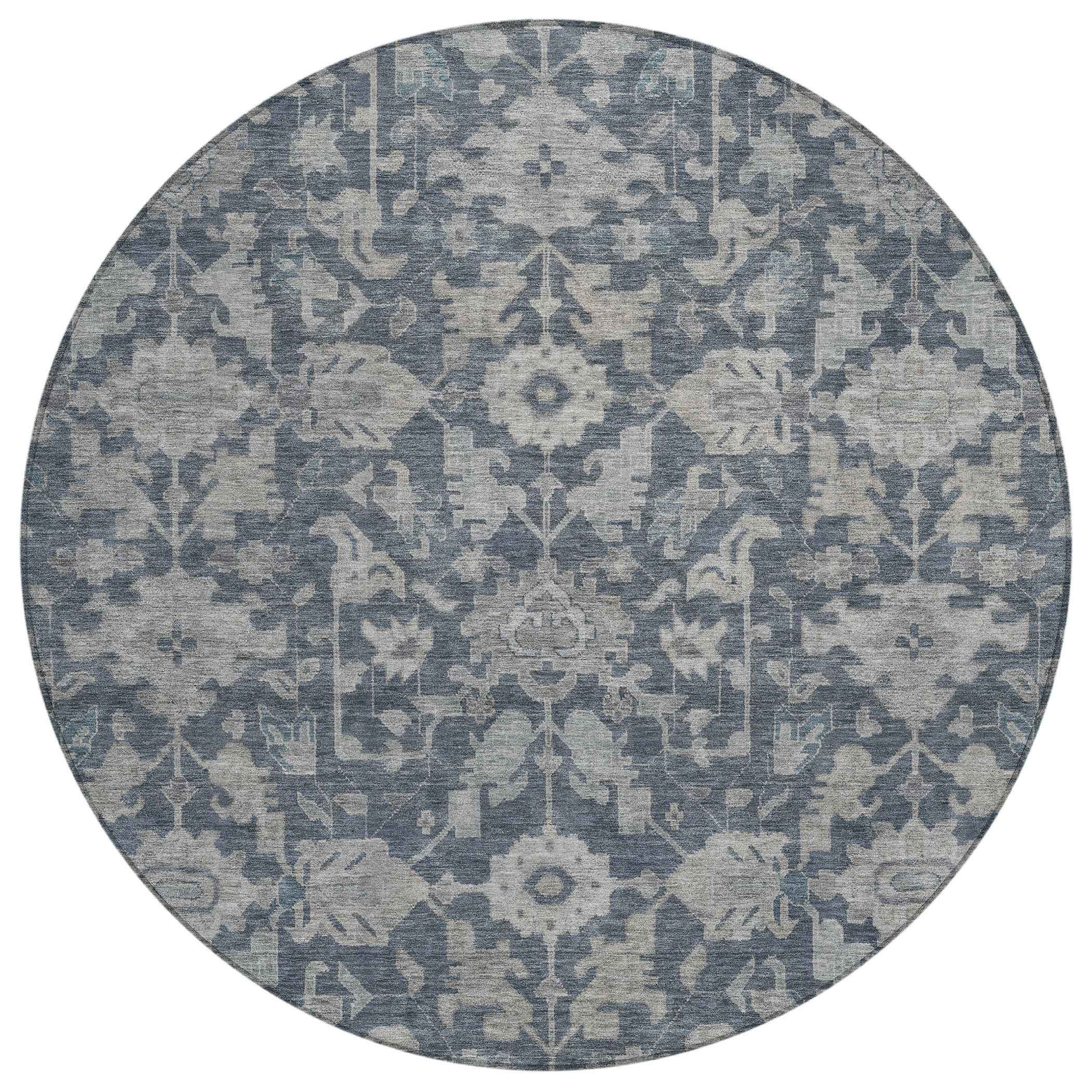 8' Denim Blue And Silver Round Floral Washable Indoor Outdoor Area Rug