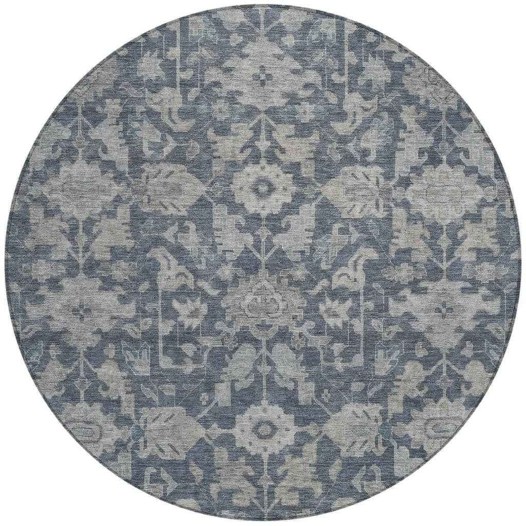 8' Denim Blue And Silver Round Floral Washable Indoor Outdoor Area Rug