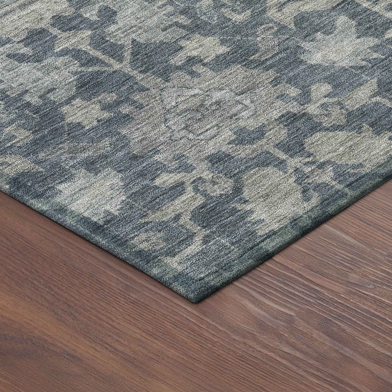 8' Denim Blue And Silver Round Floral Washable Indoor Outdoor Area Rug