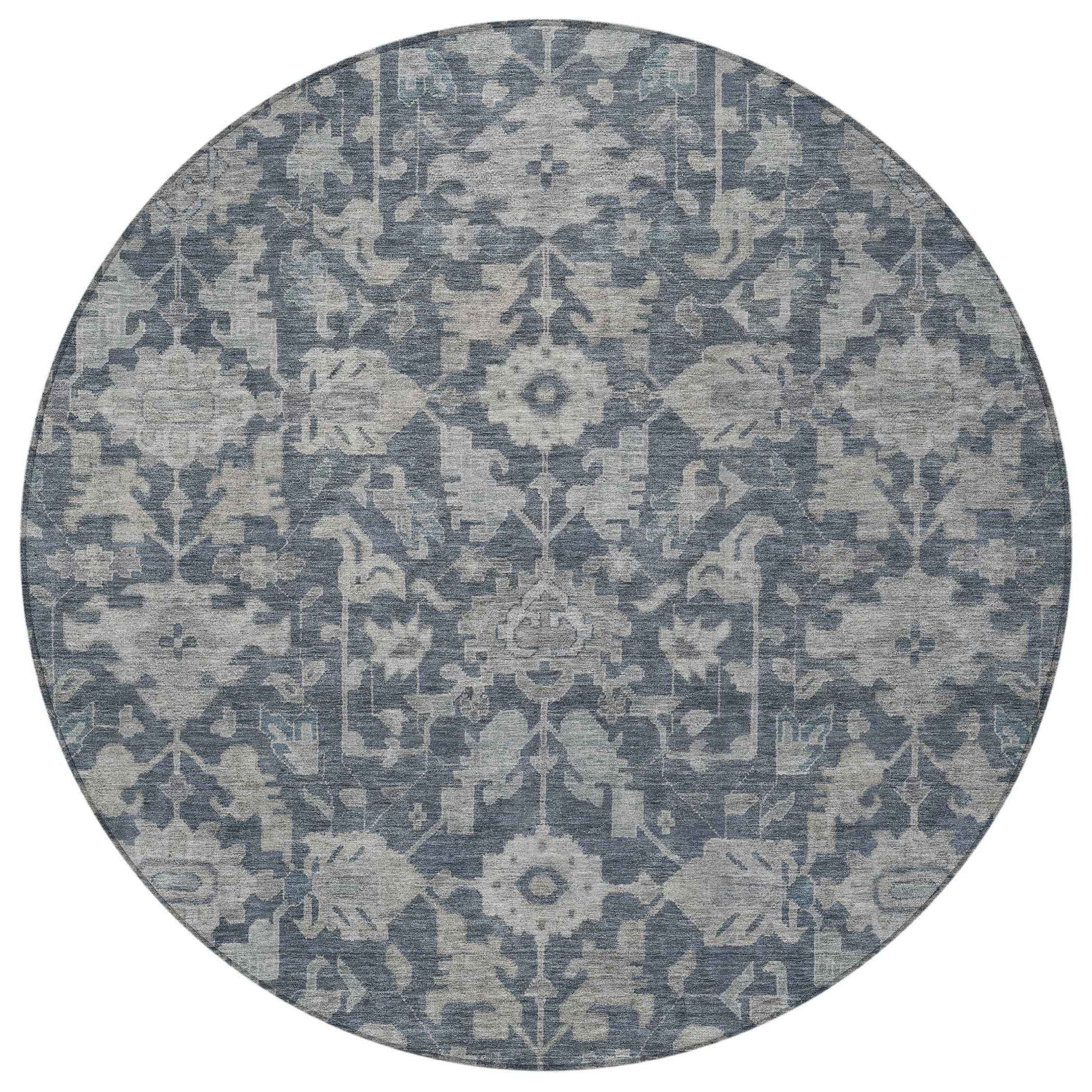 8' Denim Blue And Silver Round Floral Washable Indoor Outdoor Area Rug