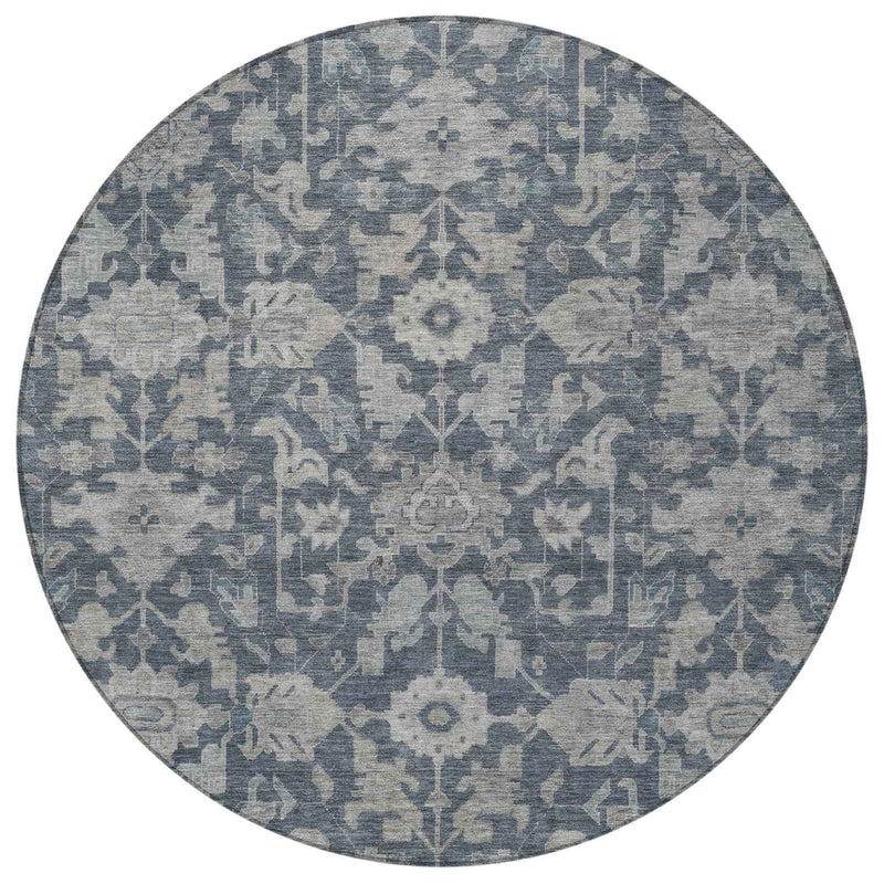 8' Denim Blue And Silver Round Floral Washable Indoor Outdoor Area Rug